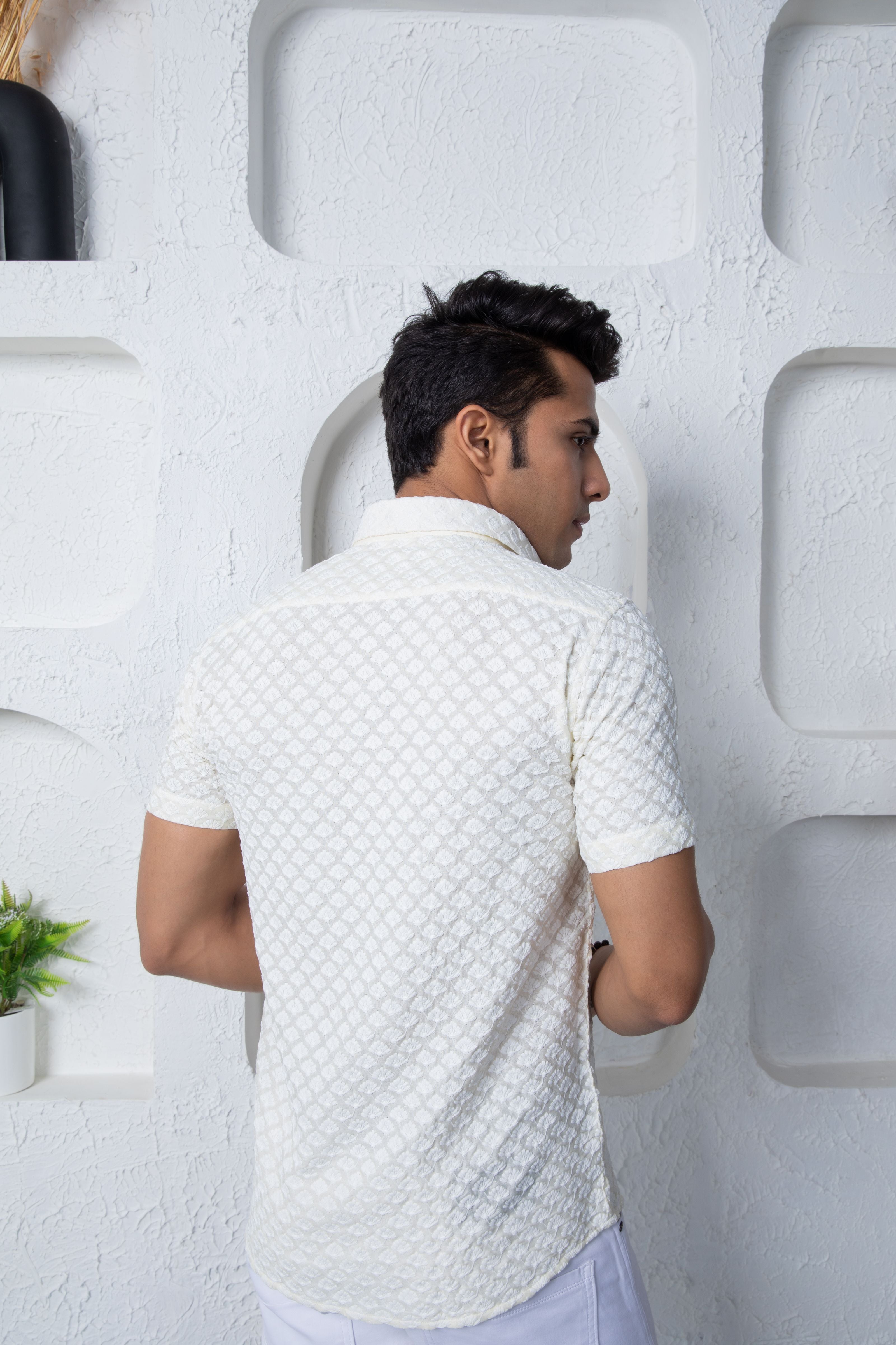 Firangi Yarn Super Soft Half Sleeves Chikankari schiffli Assorted Embroided Men's Shirt Pearl White