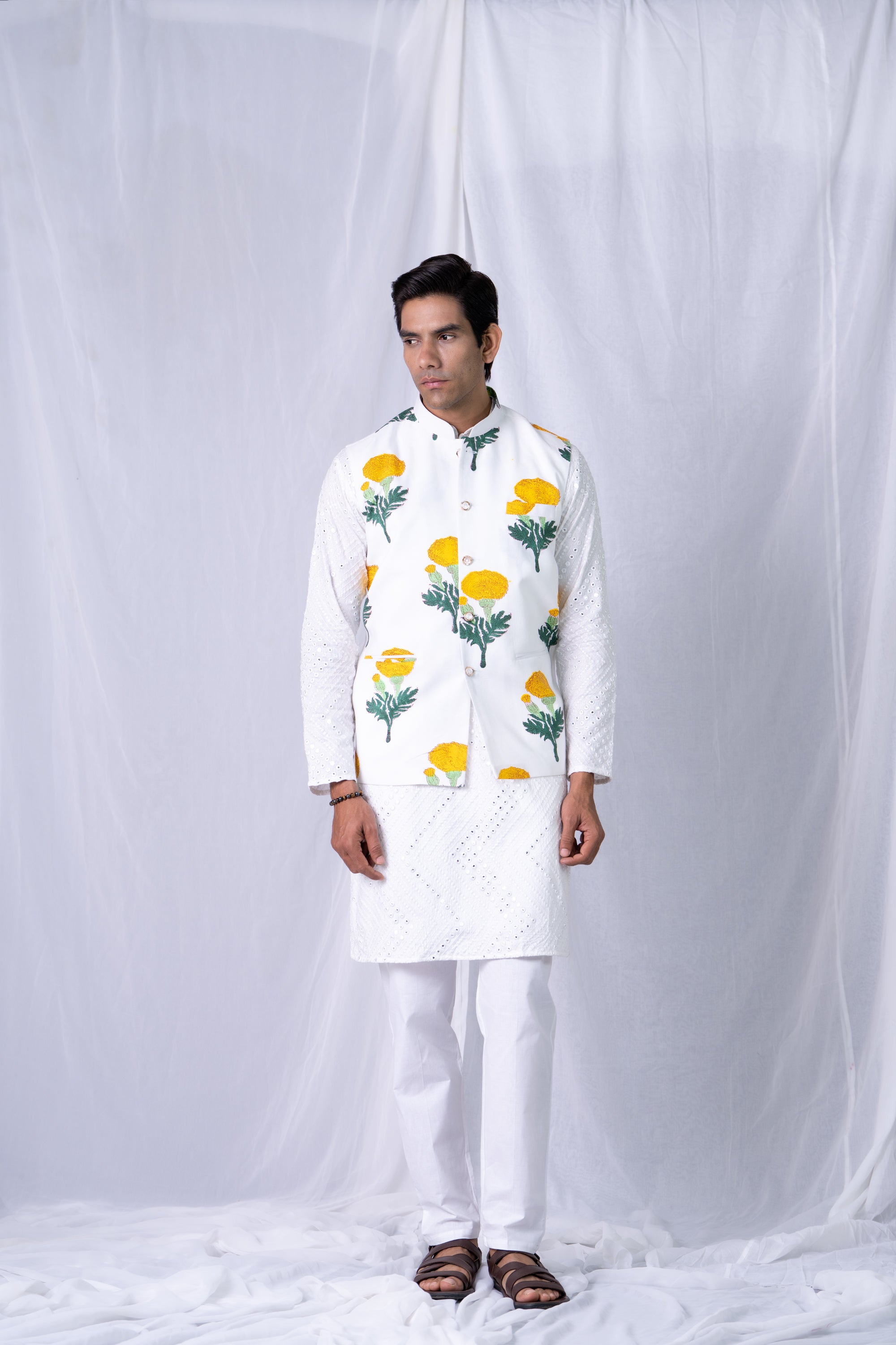 Firangi Yarn Cotton Block Printed Nehru Jacket Yellow Marigold For Haldi, Sangeet, Wedding, Diwali and More