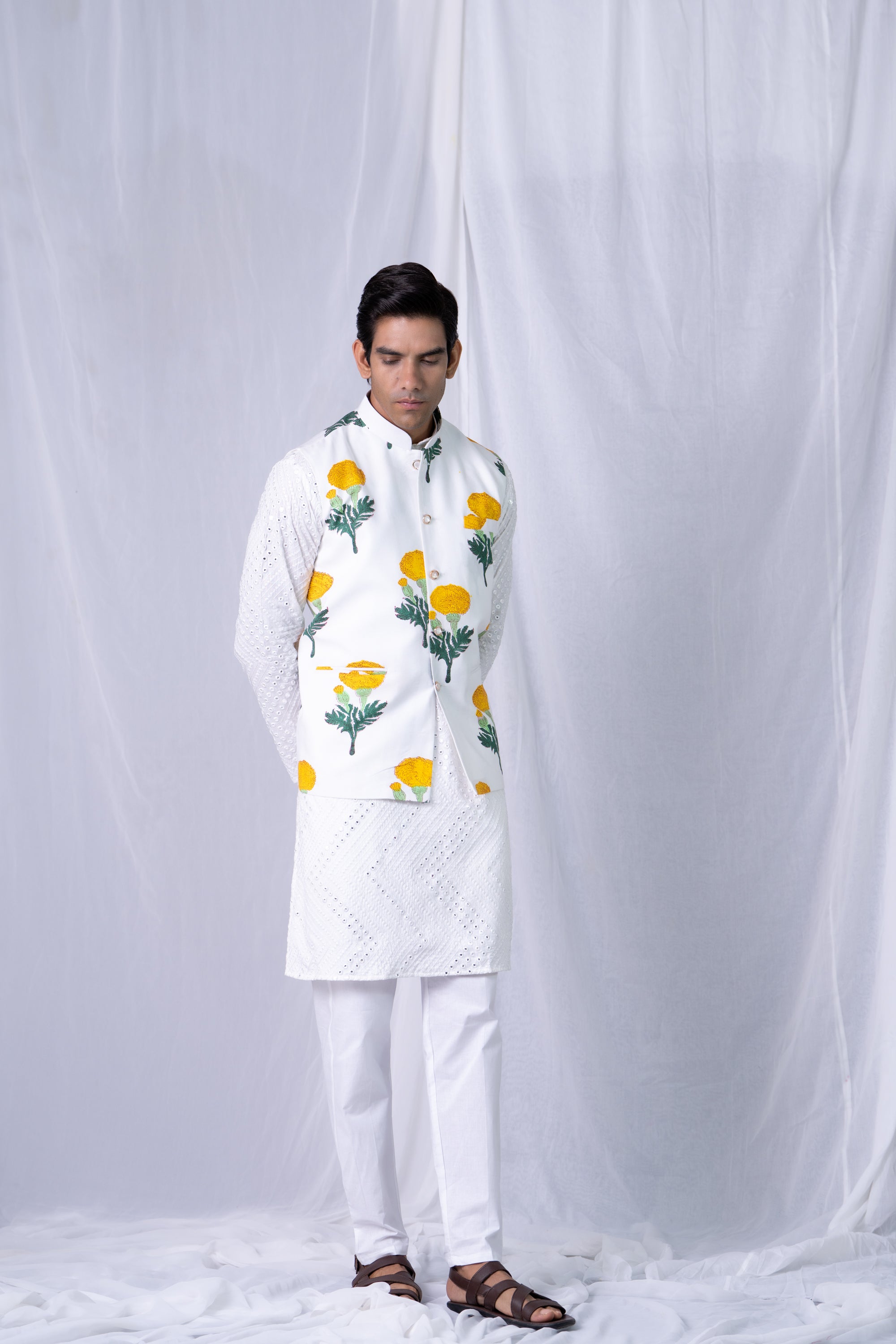 Firangi Yarn Cotton Block Printed Nehru Jacket Yellow Marigold For Haldi, Sangeet, Wedding, Diwali and More