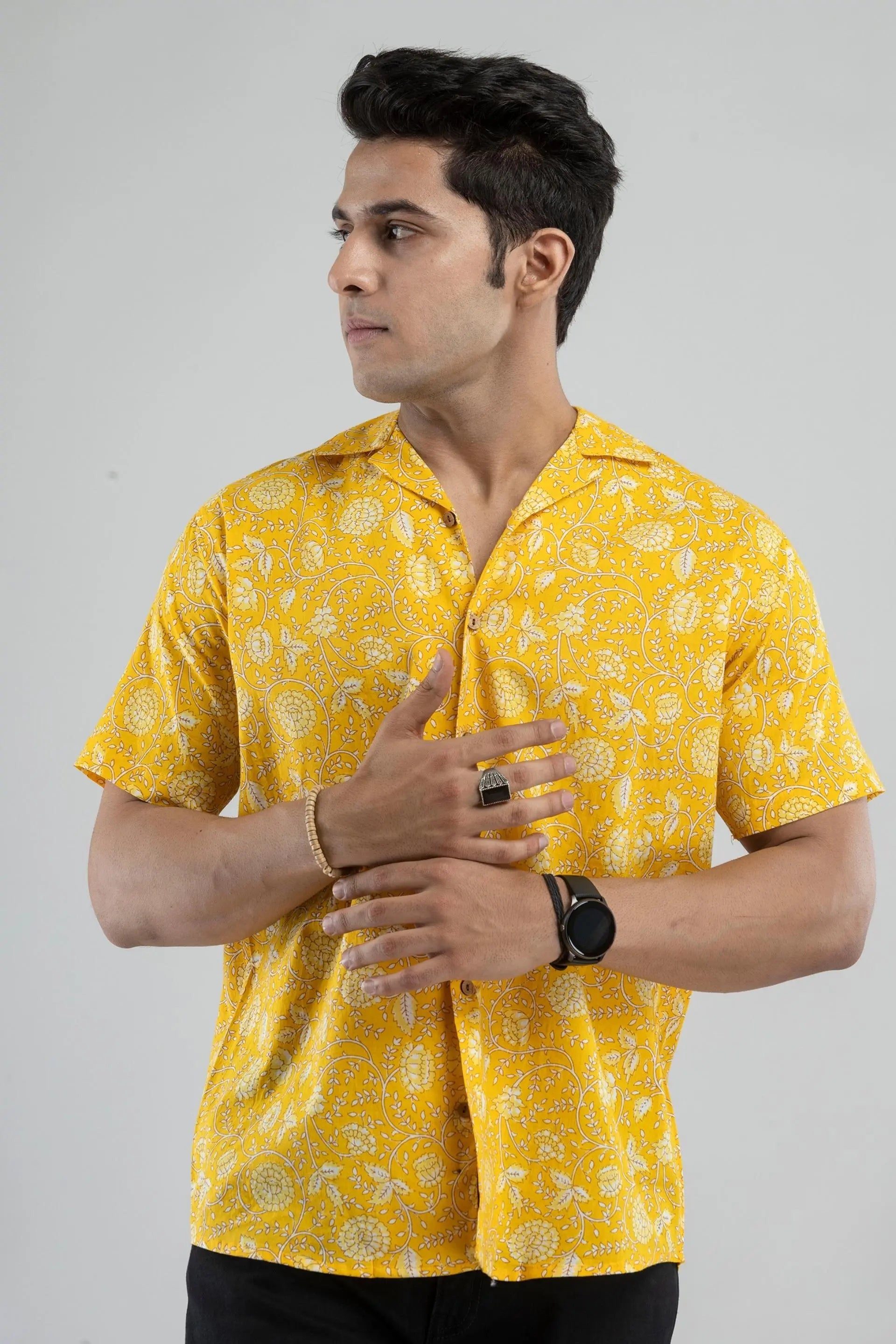 Firangi Yarn 100% Jaipuri Cotton Block-Printed Cuban Collar Shirt-Yellow