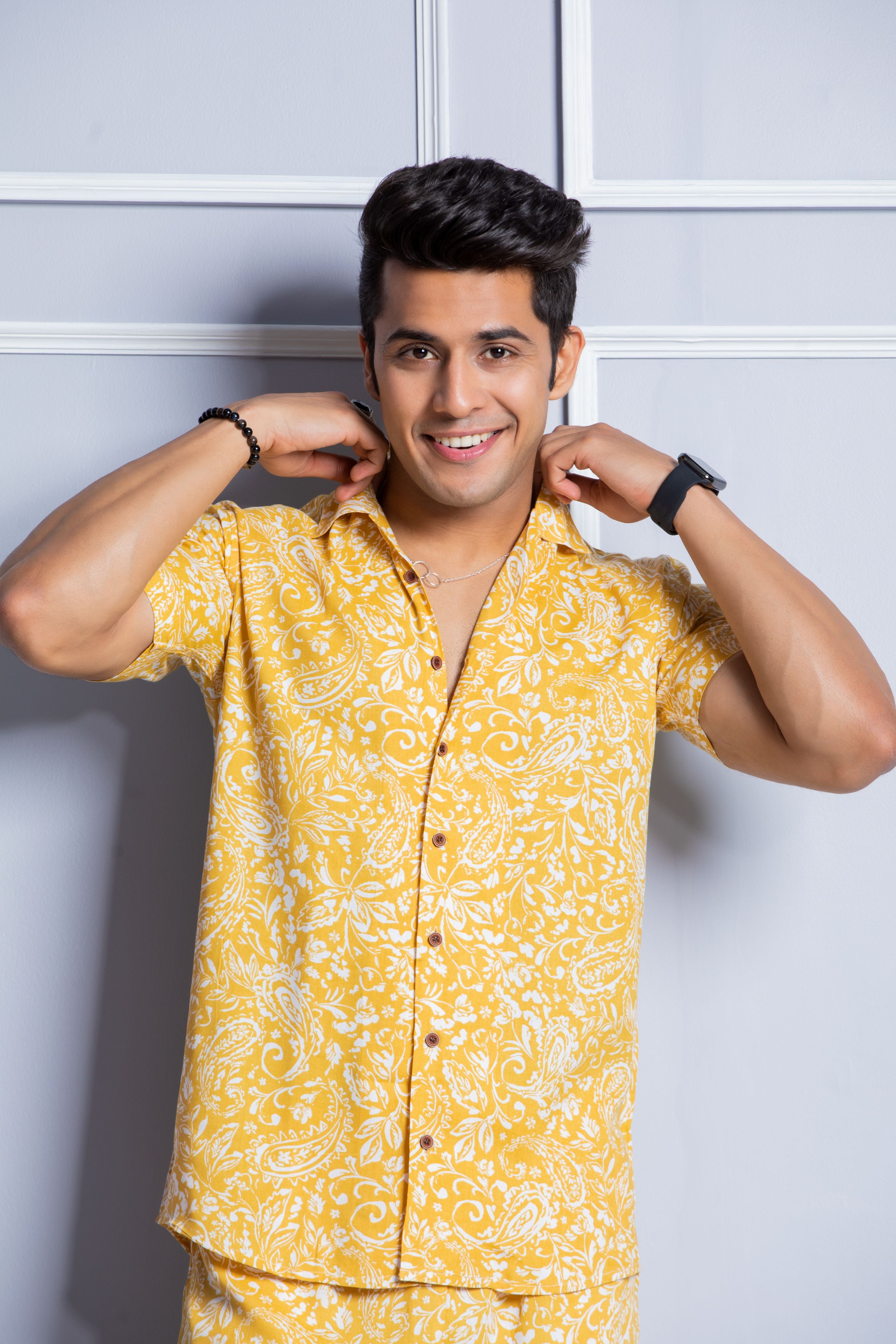 Firangi Yarn Printed Cuban Collar Yellow Floral Summer Lounge and Beach Co-ord Set For Men