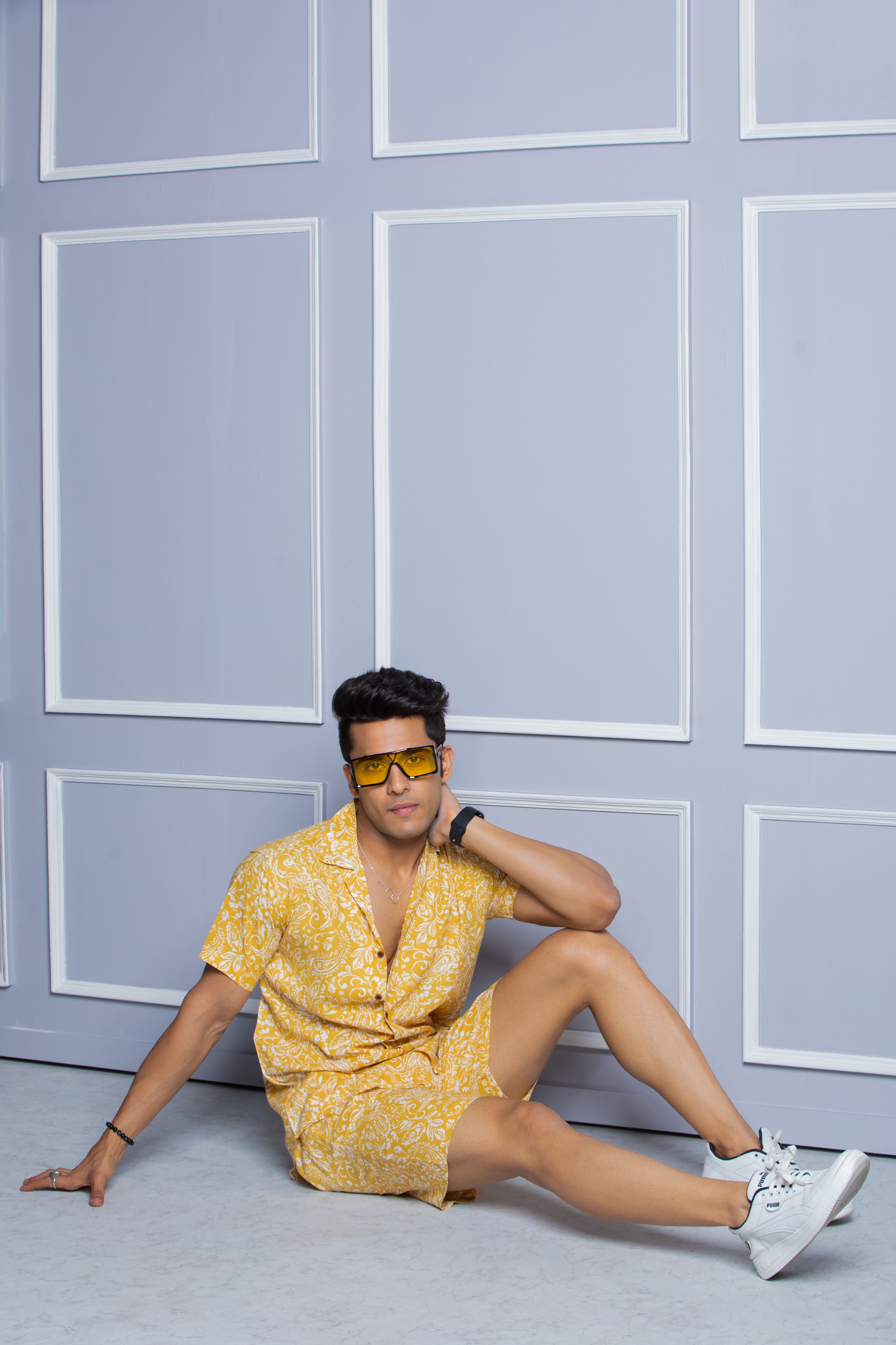 Firangi Yarn Printed Cuban Collar Yellow Floral Summer Lounge and Beach Co-ord Set For Men