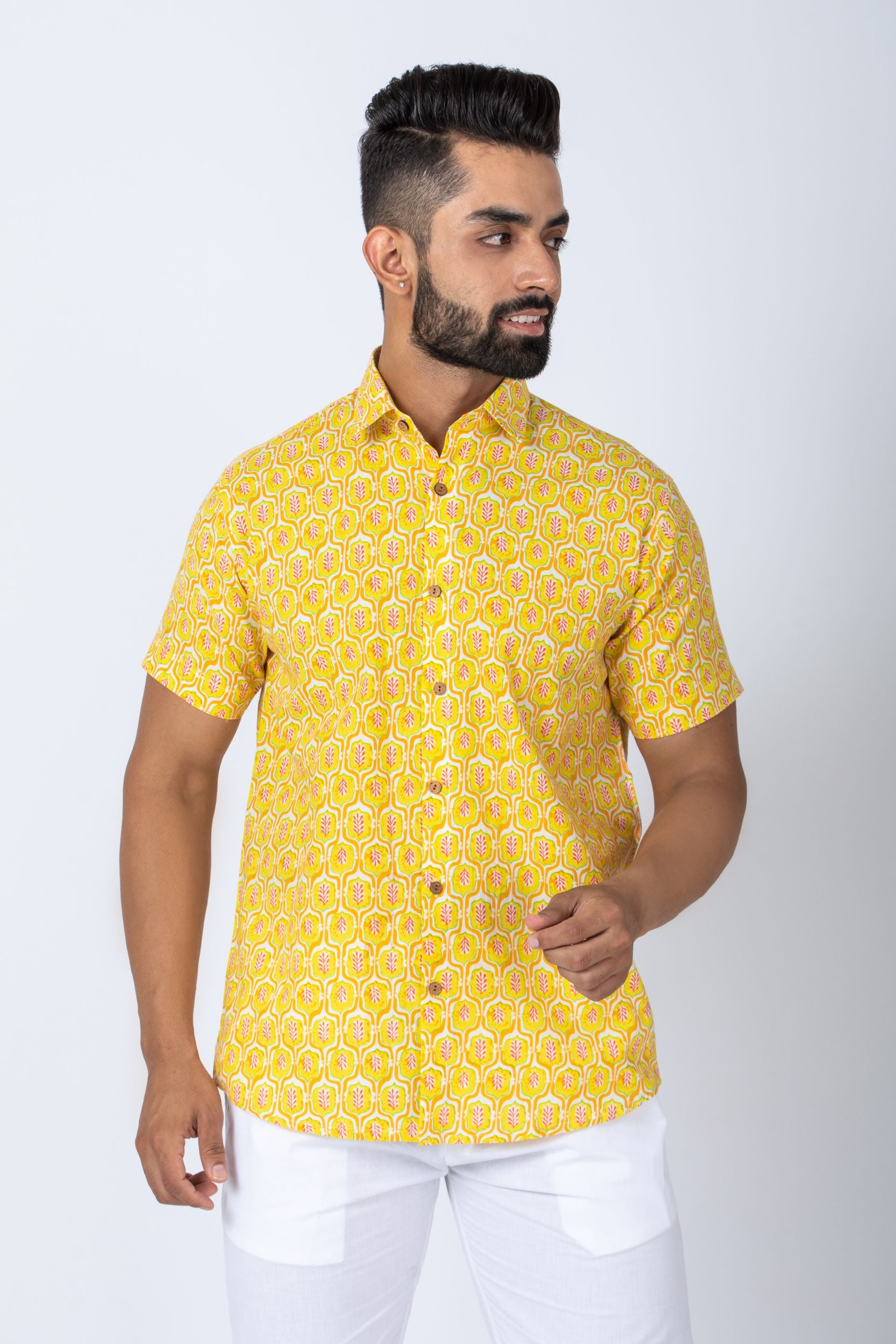 Firangi Yarn Yellow Ethnic Pattern Hand Printed Shirt For Men - Half Sleeves