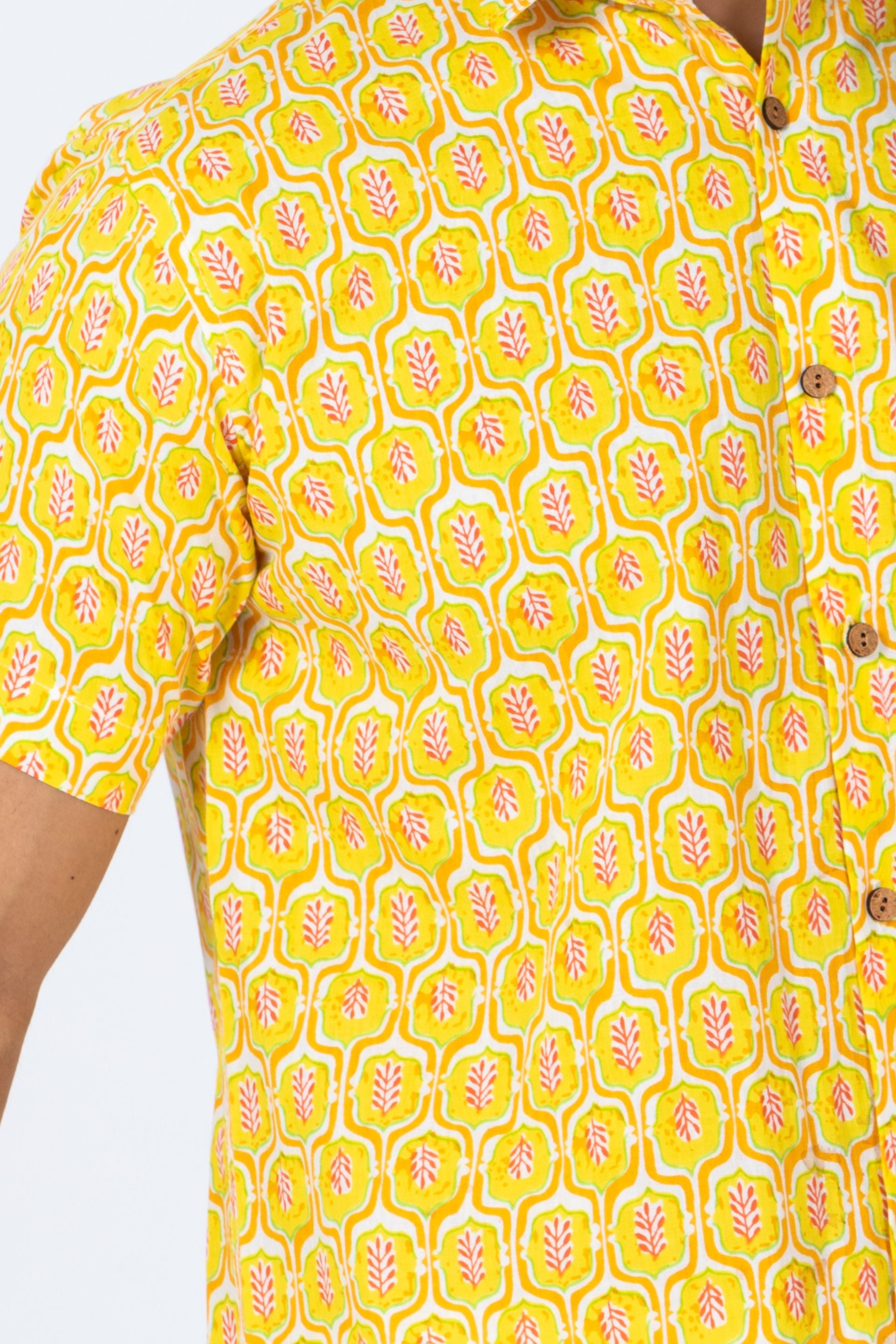 Firangi Yarn Yellow Ethnic Pattern Hand Printed Shirt For Men - Half Sleeves