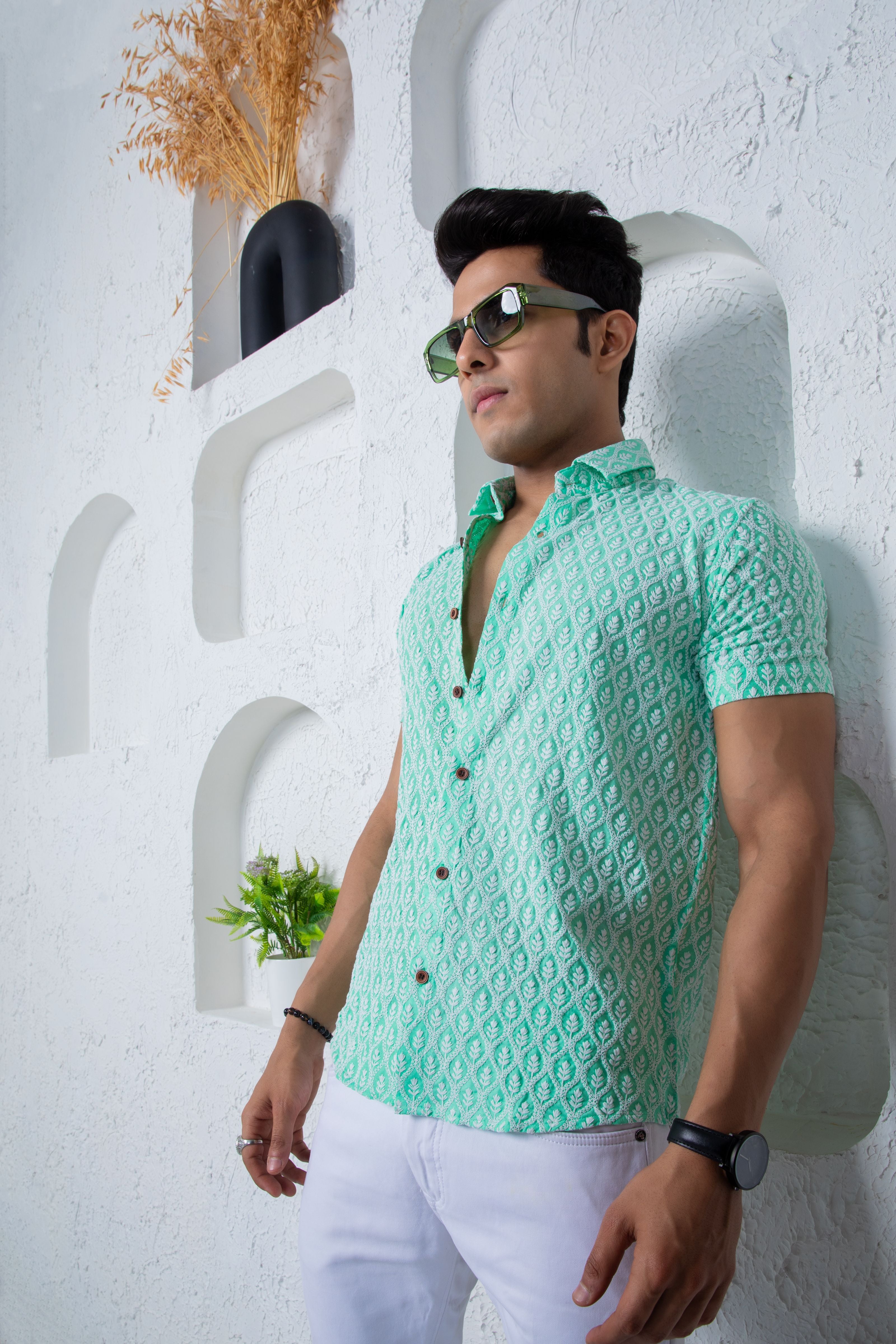 Firangi Yarn Super Soft Half Sleeves Chikankari schiffli Embroided Men's Shirt Pine Green