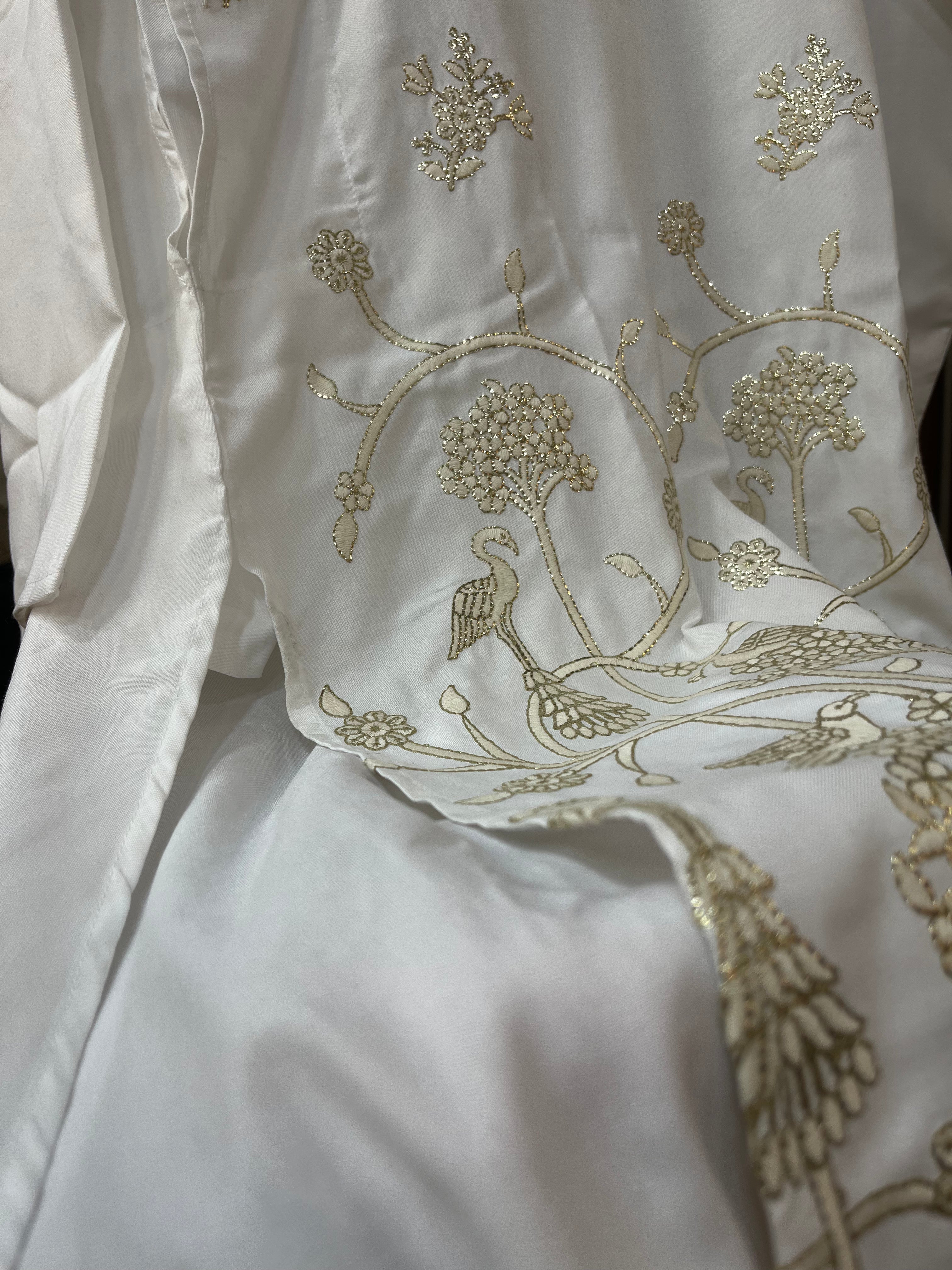 Firangi Yarn White Chikan & Golden Thread Flamingo Floral Work Wedding Wear Cotton Kurta For Men